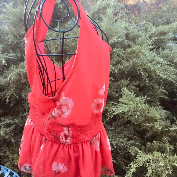 Willow Red Smocked  stretchy mesh lined Peplum Tank Top,HP25 - Picture 9 of 13